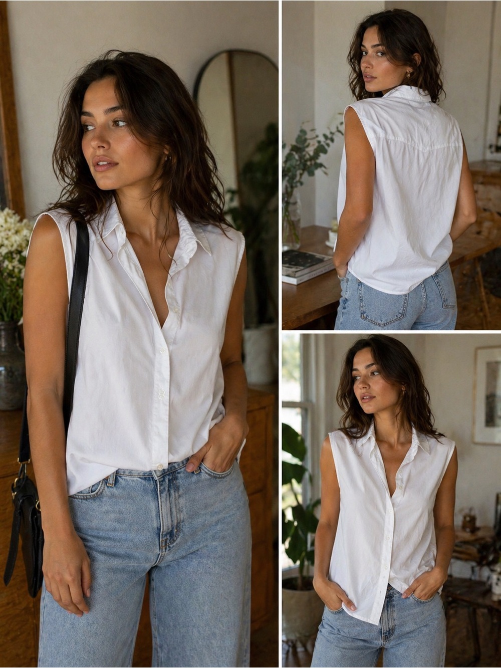 Sleeveless White Button-Front Cotton Shirt